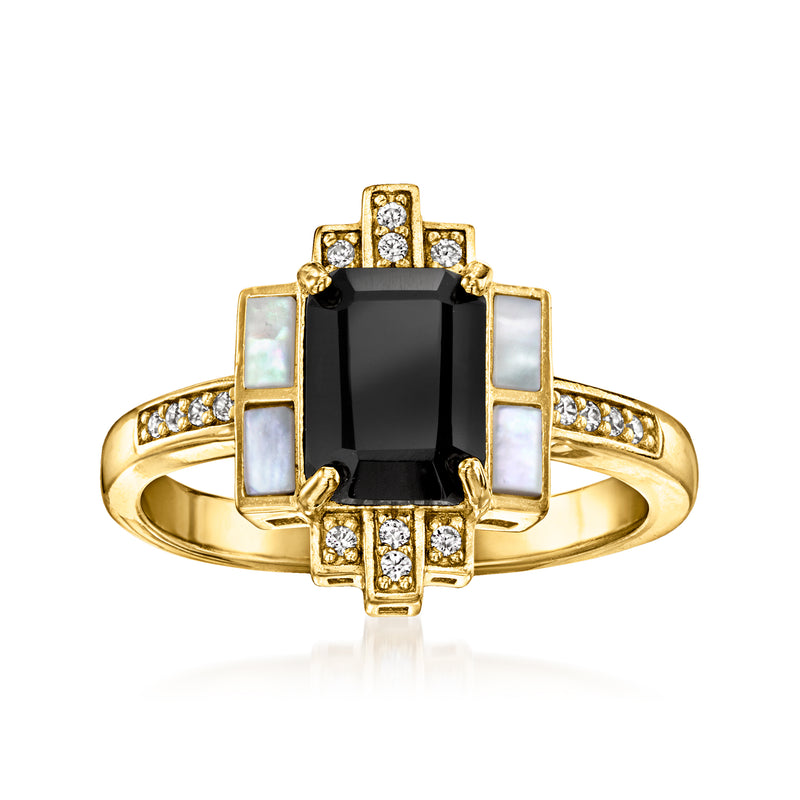 Onyx ring with mother-of-pearl inlays and white topaz in 18kt gold over sterling