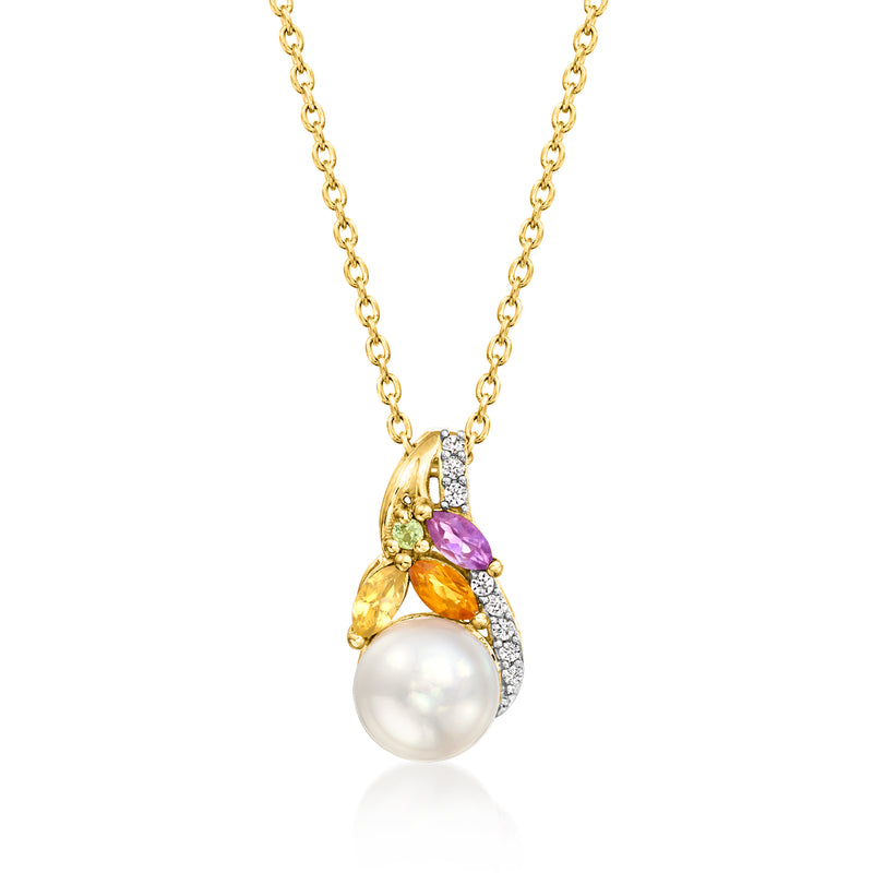 Gold pendant necklace with cultured pearl drop, purple and multicolor gemstones, chain