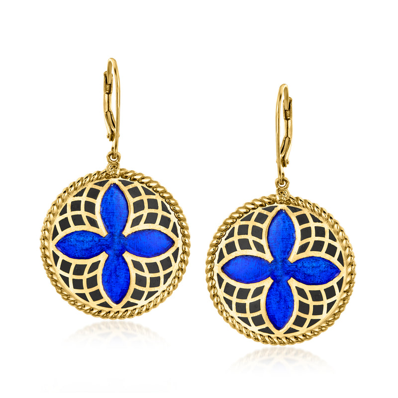 Round quatrefoil enamel drop earrings, blue and black pattern, gold-tone leverback hooks