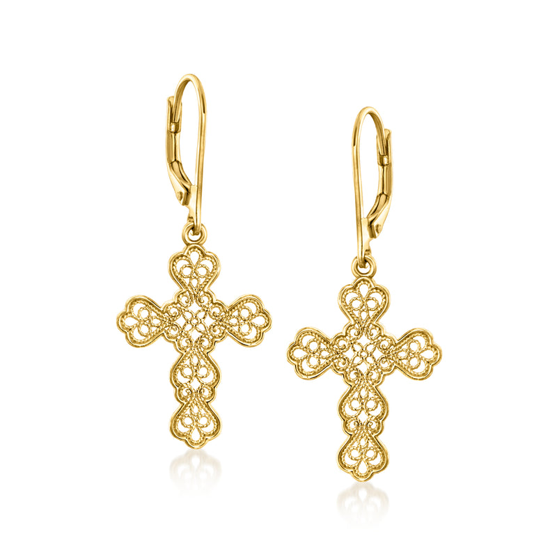 Gold over sterling filigree cross drop earrings with leverback hooks, ornate openwork design