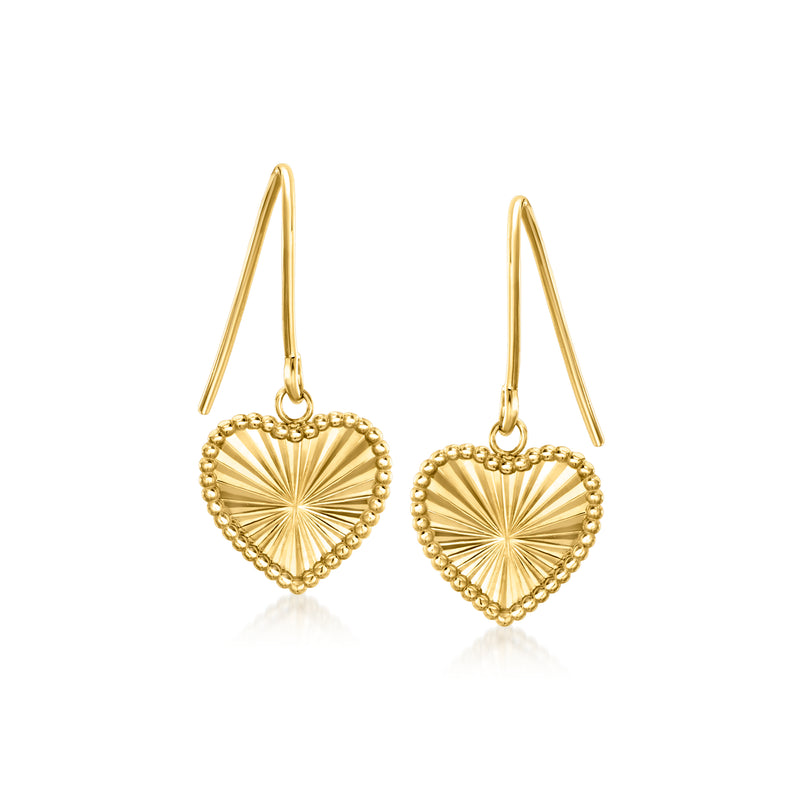 14kt yellow gold heart sunburst drop earrings with hook earwires, dangling heart charm.