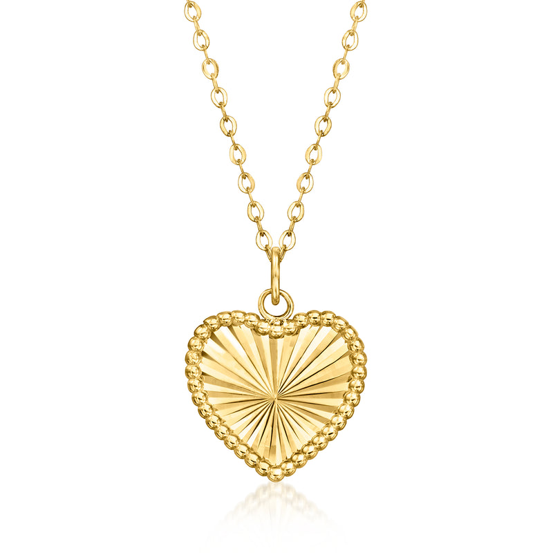 Yellow gold heart sunburst pendant necklace with linked bead chain