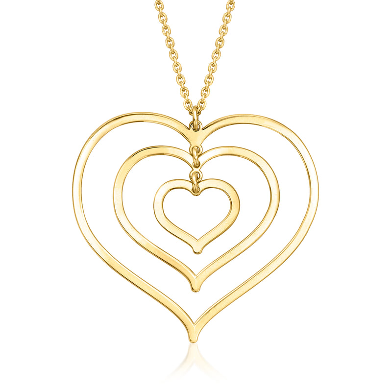 Gold-tone concentric heart pendant necklace with open heart center, on chain