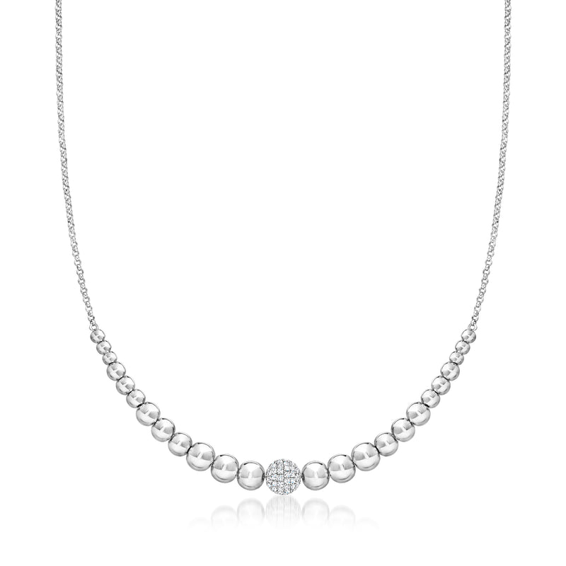 Sterling silver graduated bead necklace with round CZ centerpiece and 3–7.5mm beads