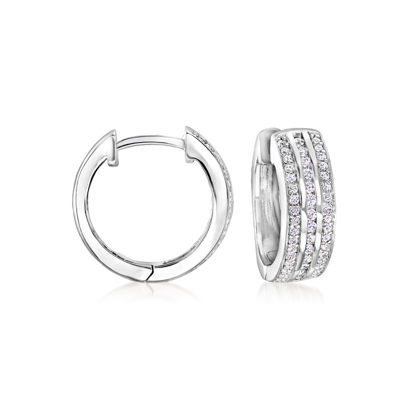 Sterling silver three-row CZ hoop earrings, front and side view