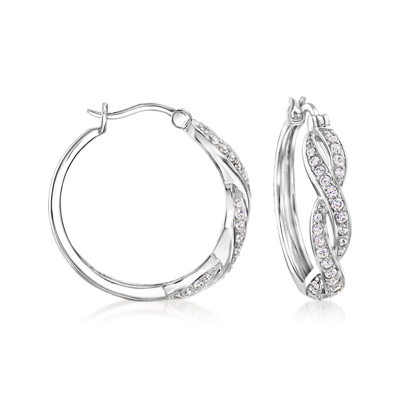 Twisted hoop earrings in sterling silver with pave CZ stones, hinged back, oval profile
