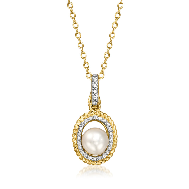 Gold pendant necklace with round cultured pearl in halo bezel, small diamond accents