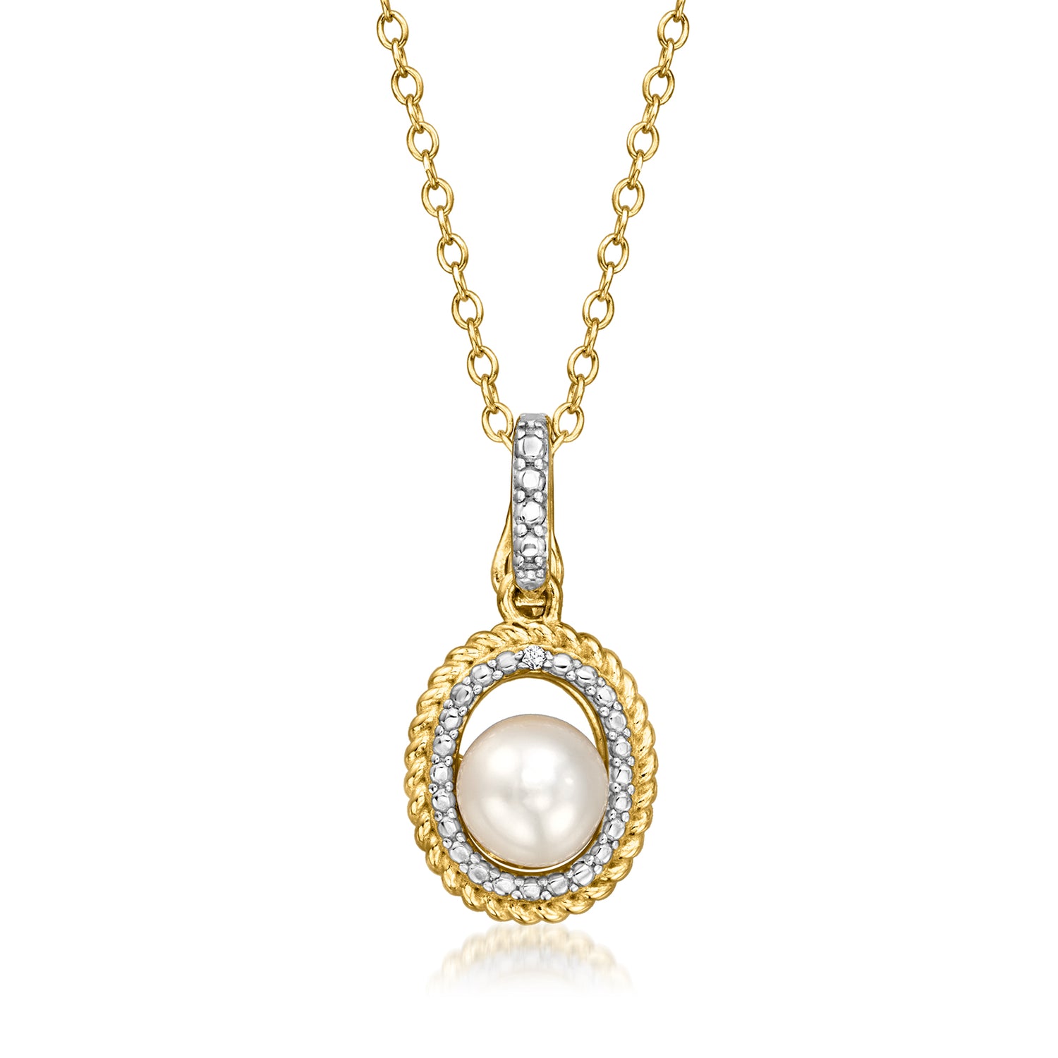 Ross-simons 5.5-6mm Cultured Pearl Pendant Necklace With Single Diamond In 18kt Gold Over Sterling