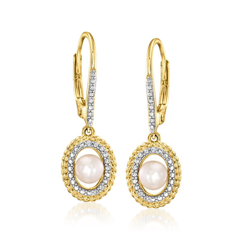 Gold drop pearl earrings with diamond halo and hinged leverback, oval pendant
