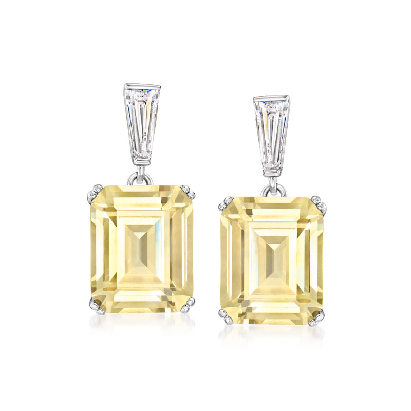 Sterling silver CZ drop earrings with yellow square center stones and clear accents