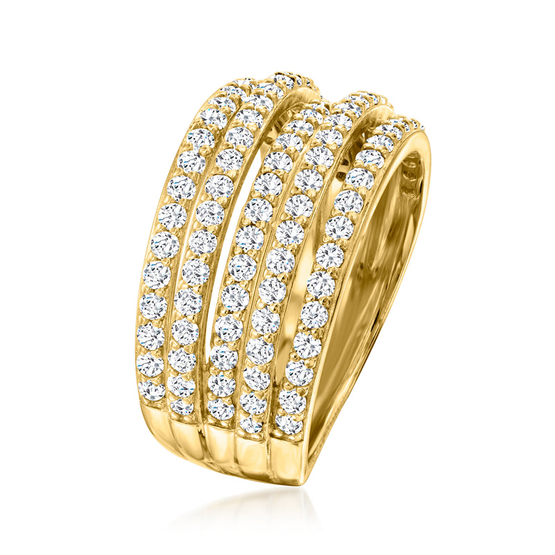 Gold over sterling multi-row CZ ring, angled view with round clear stones