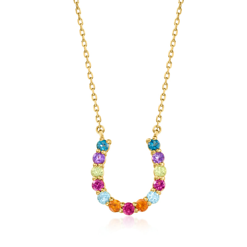 Gold-tone horseshoe necklace with multicolor gemstone cluster, on chain