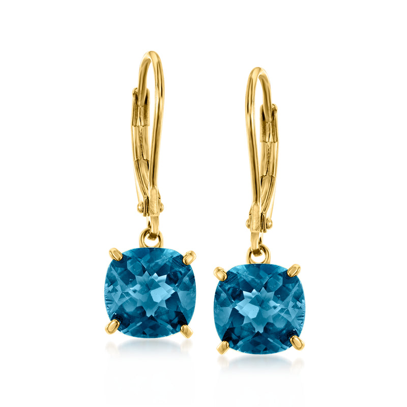 Gold leverback drop earrings with oval London blue topaz stones, prong-set.