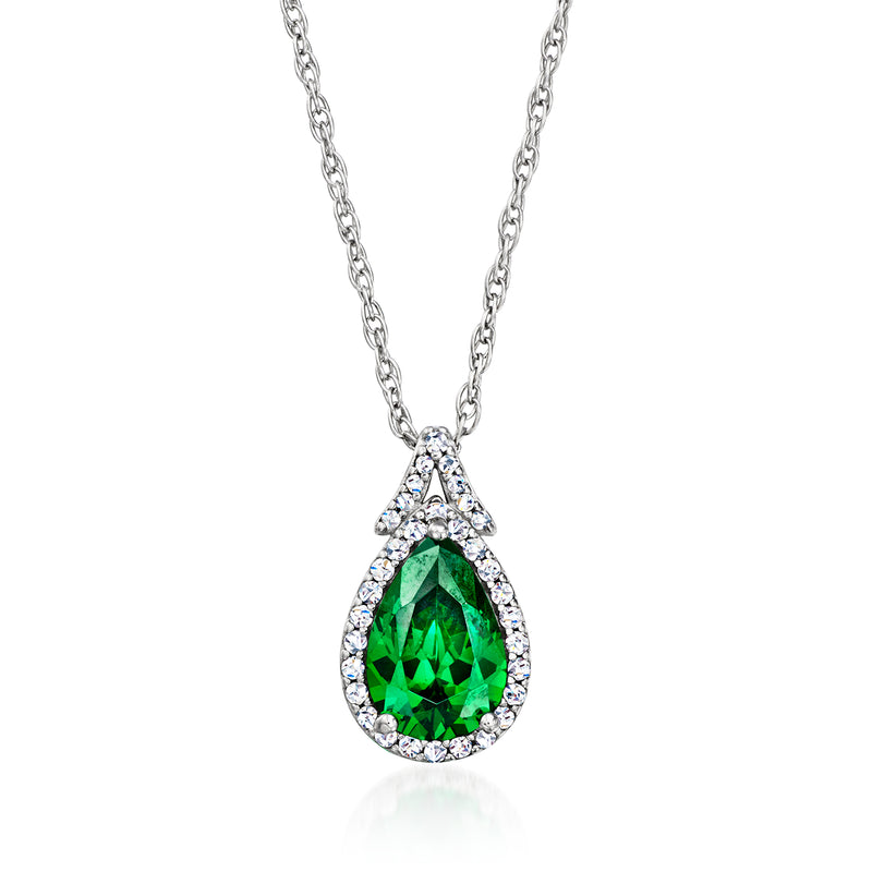 Sterling silver teardrop pendant necklace with green simulated stone and CZ halo