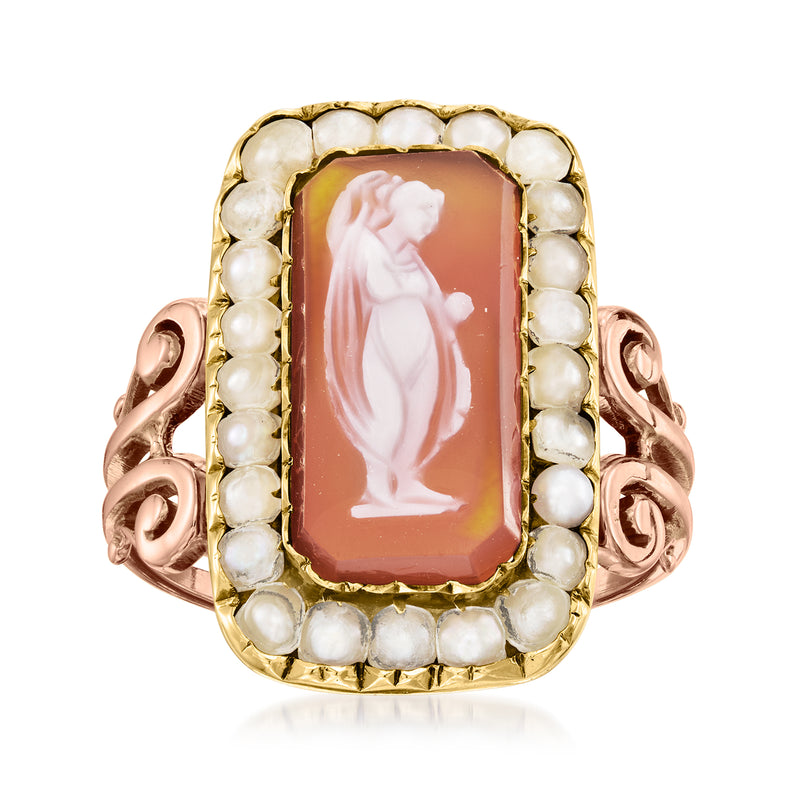 Two-tone gold cameo ring with orange agate rectangle, white profile and cultured pearls