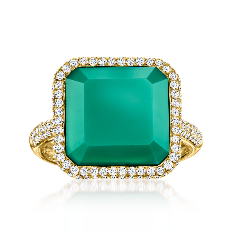 Vintage green chalcedony ring with diamond halo in 14kt yellow gold