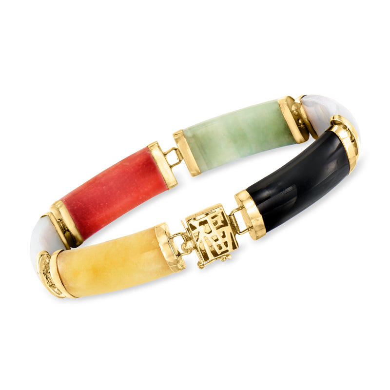 Multicolored jade bracelet with red, green, and black stones in 14kt yellow gold links