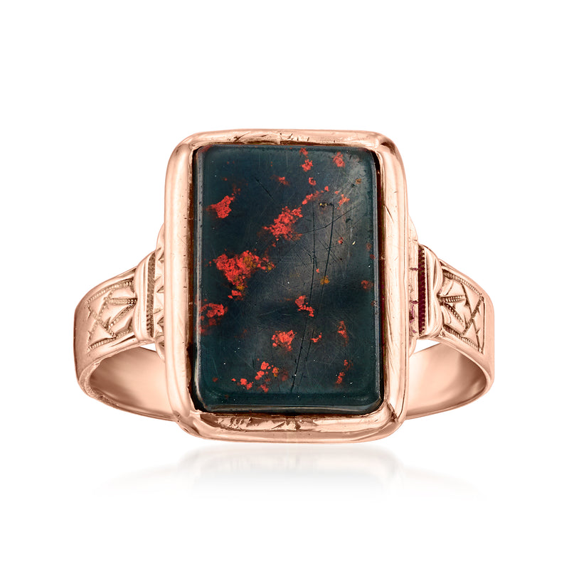Vintage rose gold ring with rectangular dark green bloodstone cabochon, engraved band