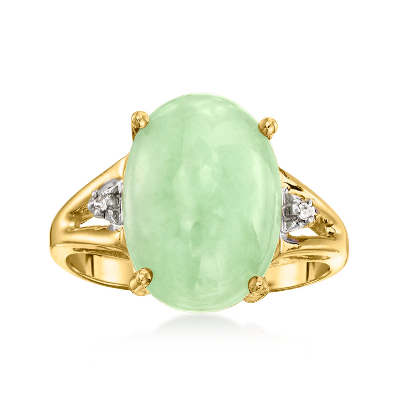 14kt yellow gold ring with oval mint-green jade and small diamond side accents