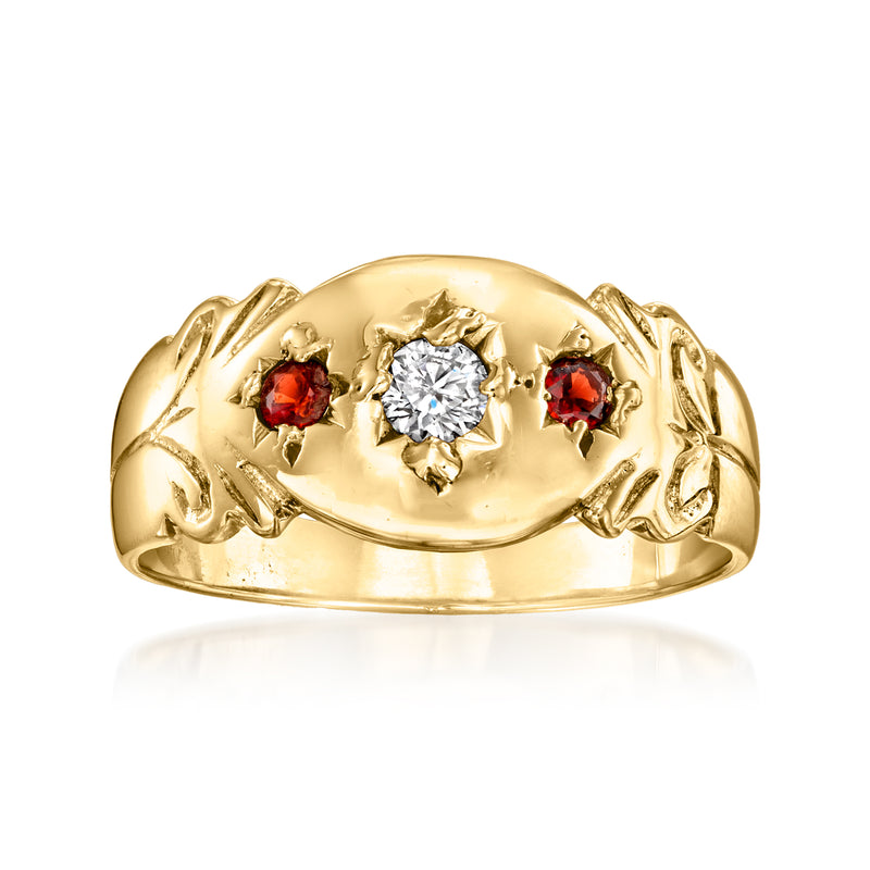 Vintage 9kt yellow gold ring with center diamond and two red garnets on oval setting