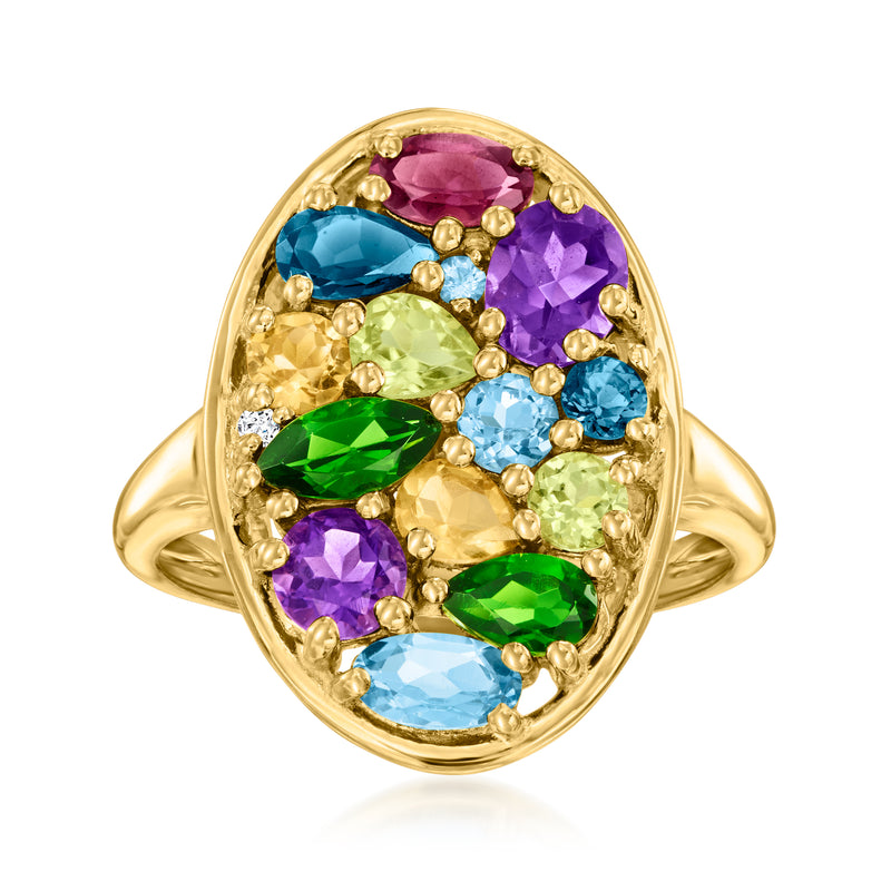 Gold oval ring with bezel-set multi-color gemstones, oval center and halo