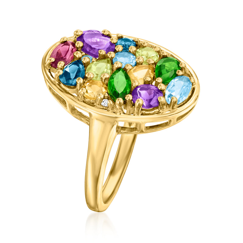 Gold multi-gemstone oval ring, side view with prong-set blue purple green stones