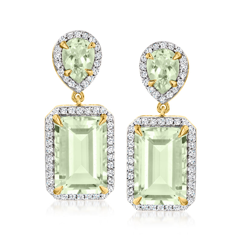 Prasiolite drop earrings in 18kt gold over sterling with emerald-cut stones and white topaz halos