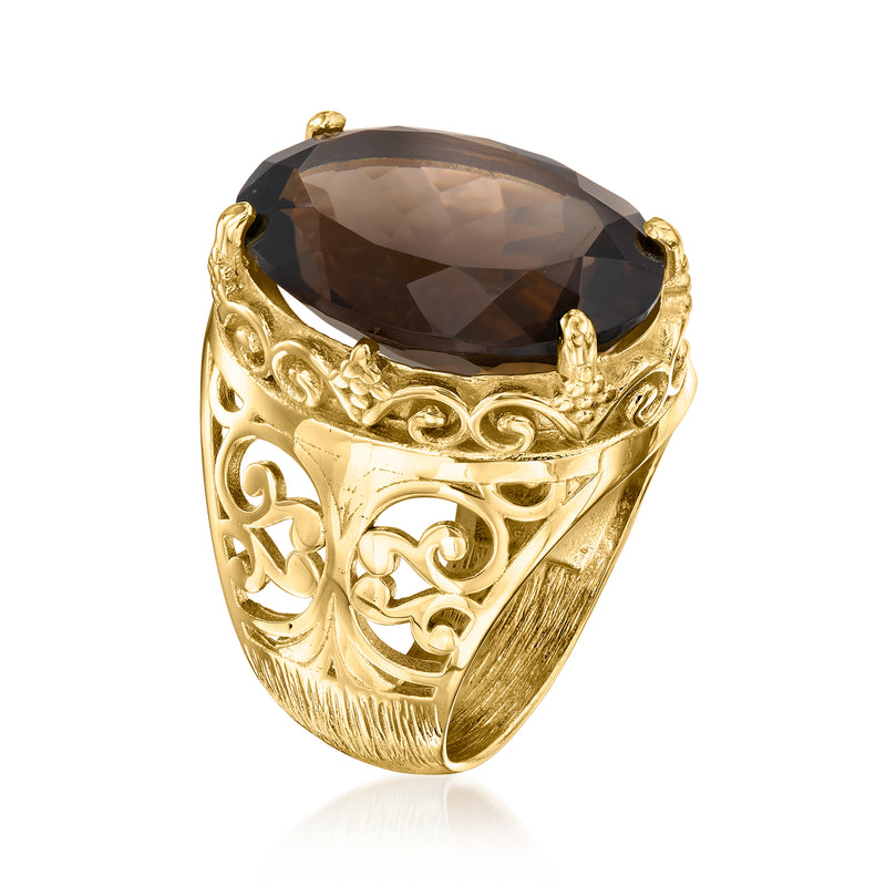 Gold over sterling filigree ring with oval smoky quartz center stone