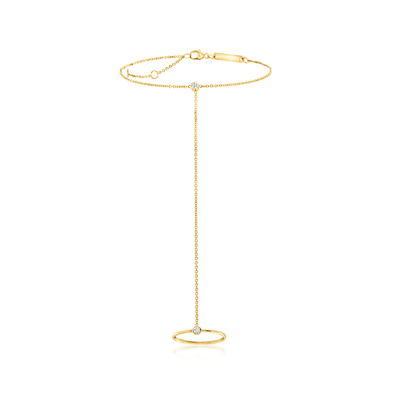 14kt yellow gold diamond hand chain bracelet with dangling round diamond loop