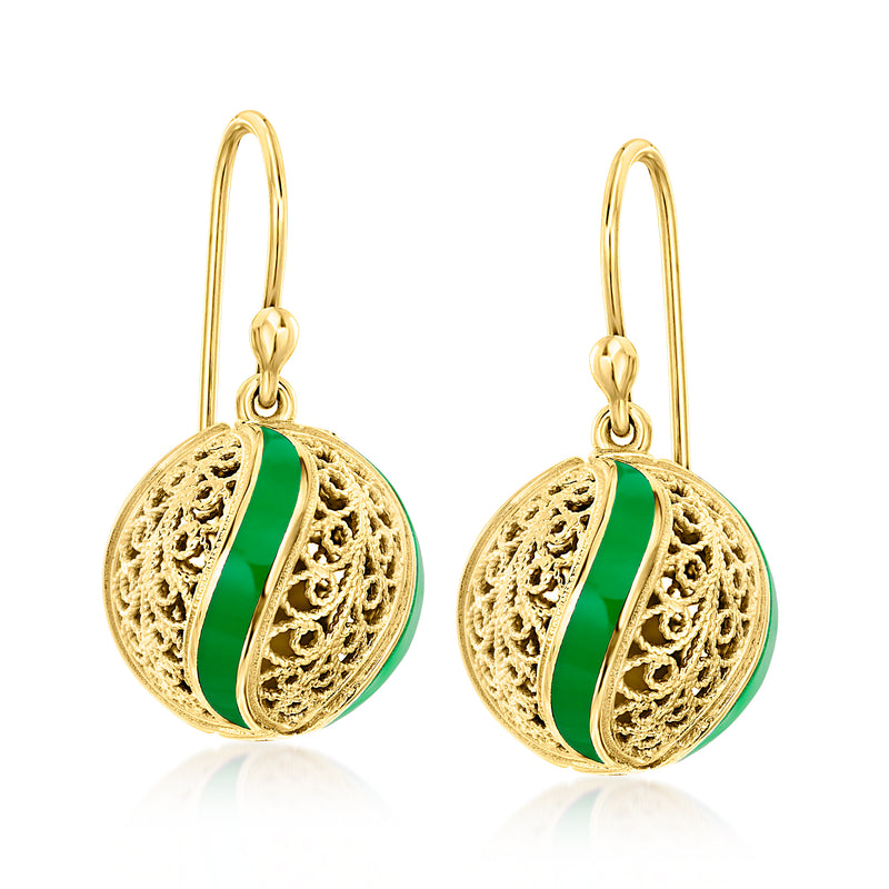 Green Enamel Filigree Ball Drop Earrings in 18kt Gold Over Sterling