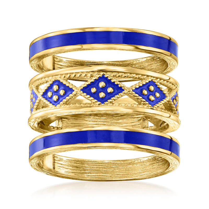 Three stackable geometric rings with gold-tone bands and blue enamel panels