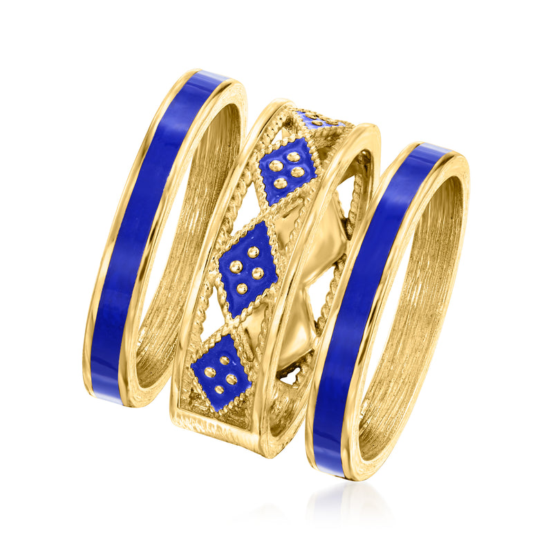 Geometric stackable rings with gold-tone bands, blue enamel panels with dot details