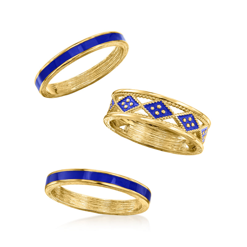 Three-ring set: gold-tone bands with blue enamel geometric diamond insets