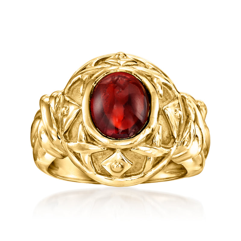 Vintage oval garnet gemstone ring in 14kt yellow gold, ornate gallery setting