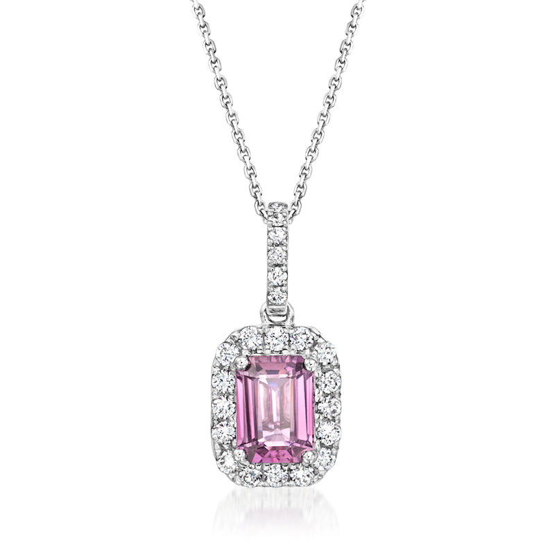 Pink sapphire pendant necklace in 18k white gold with diamond halo and chain