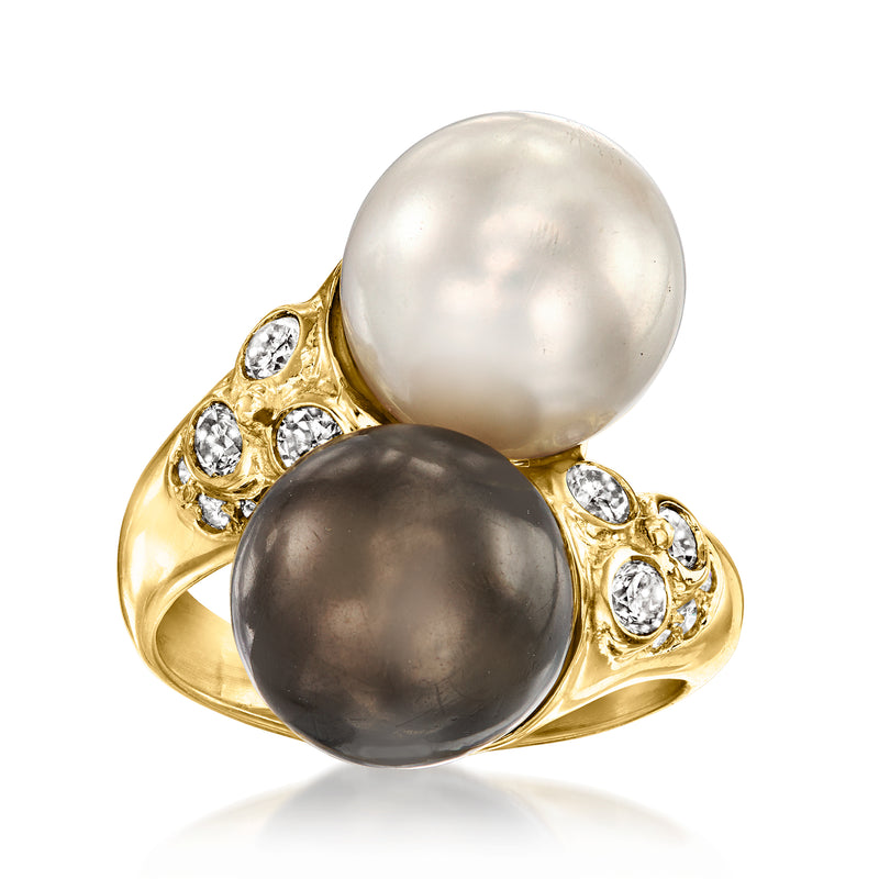 18kt yellow gold bypass ring with white and dark cultured pearls and diamond accents
