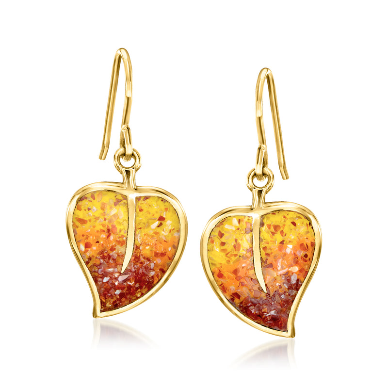 Gold over sterling leaf drop earrings with orange and amber shell mosaic, fishhook
