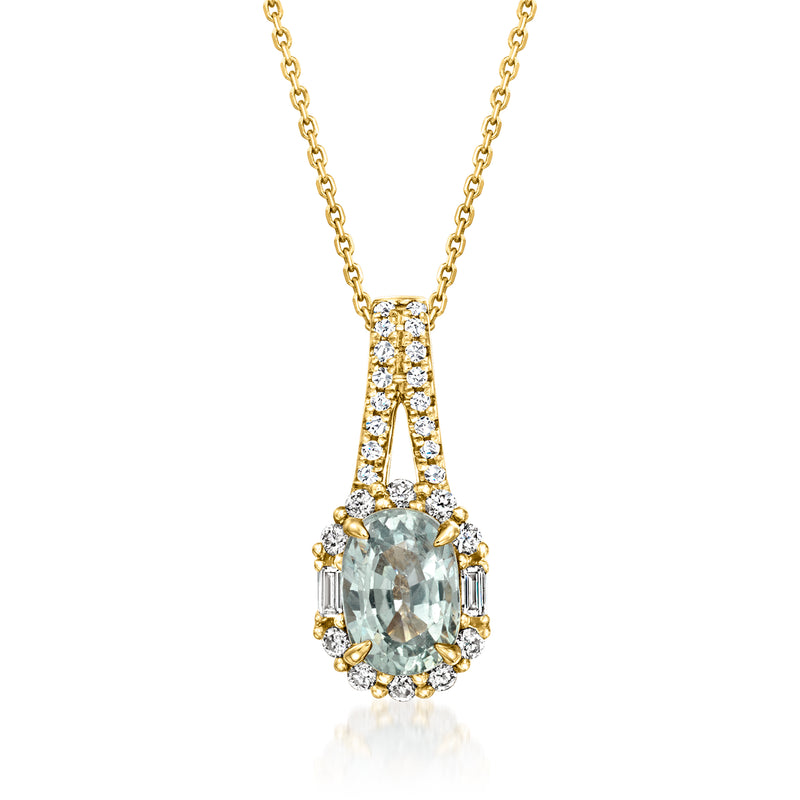 18k yellow gold pendant necklace with oval green sapphire and diamond halo