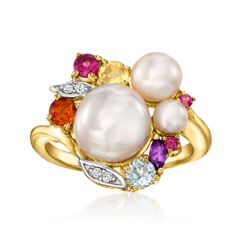 Gold-tone ring with large white cultured pearl and colorful gemstone accents