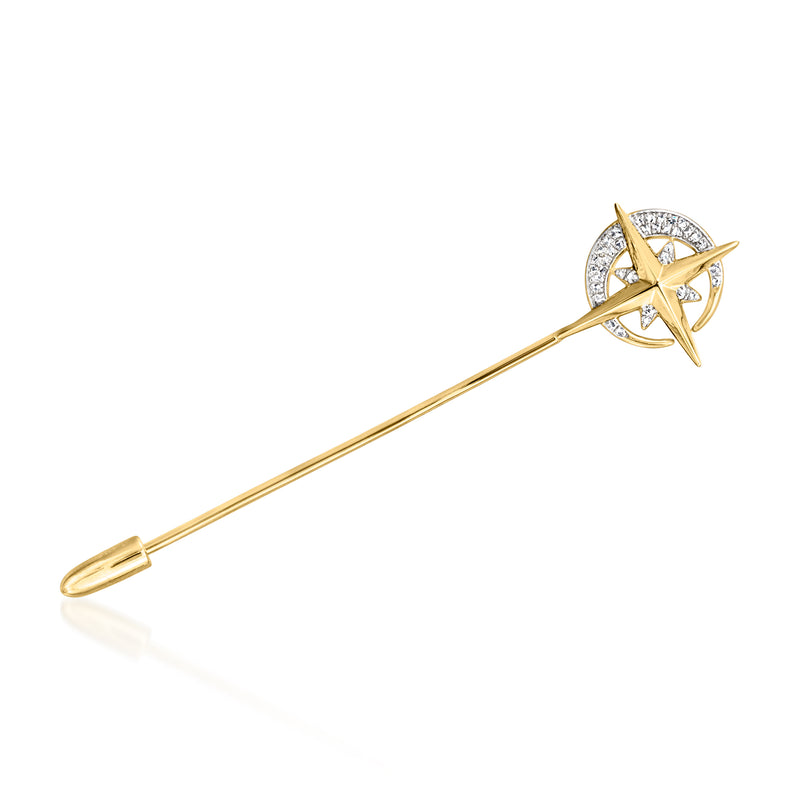 Gold celestial stick pin with star motif and diamond accents, straight post clasp