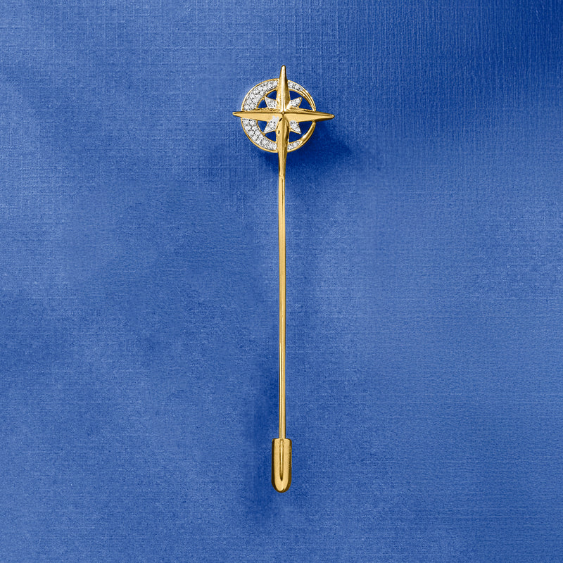 Gold celestial star stick pin with diamond halo, long post and hinged clasp