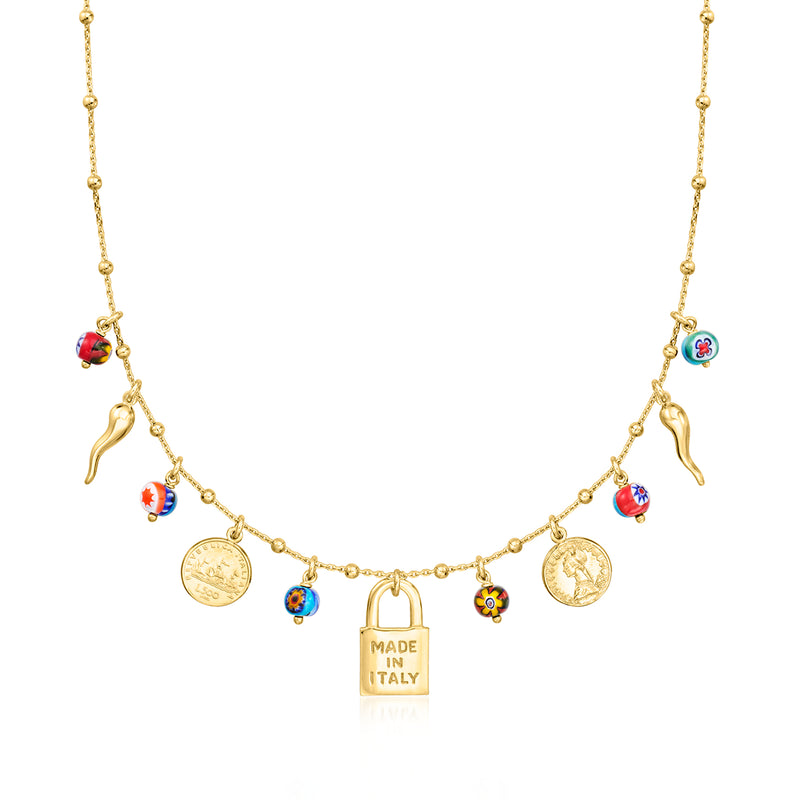 Gold charm necklace with multicolored Murano beads and a MADE IN ITALY pendant