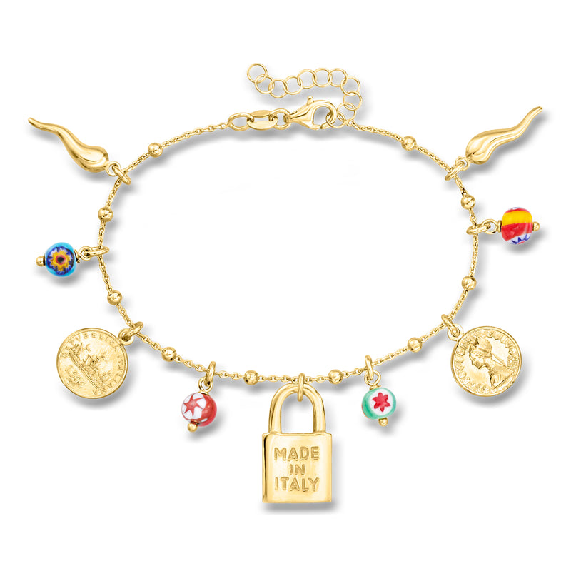 Gold-tone charm bracelet with multicolored bead charms and 'Made in Italy' padlock