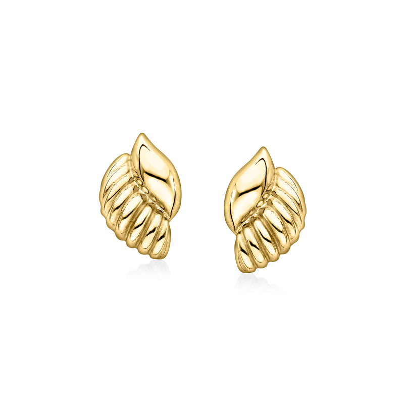 Gold over sterling ribbed seashell stud earrings with scalloped texture, post backs