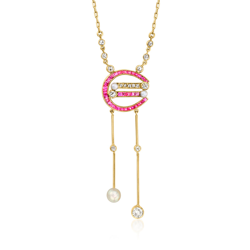 18kt yellow gold ruby and diamond pendant necklace with cultured pearl drops