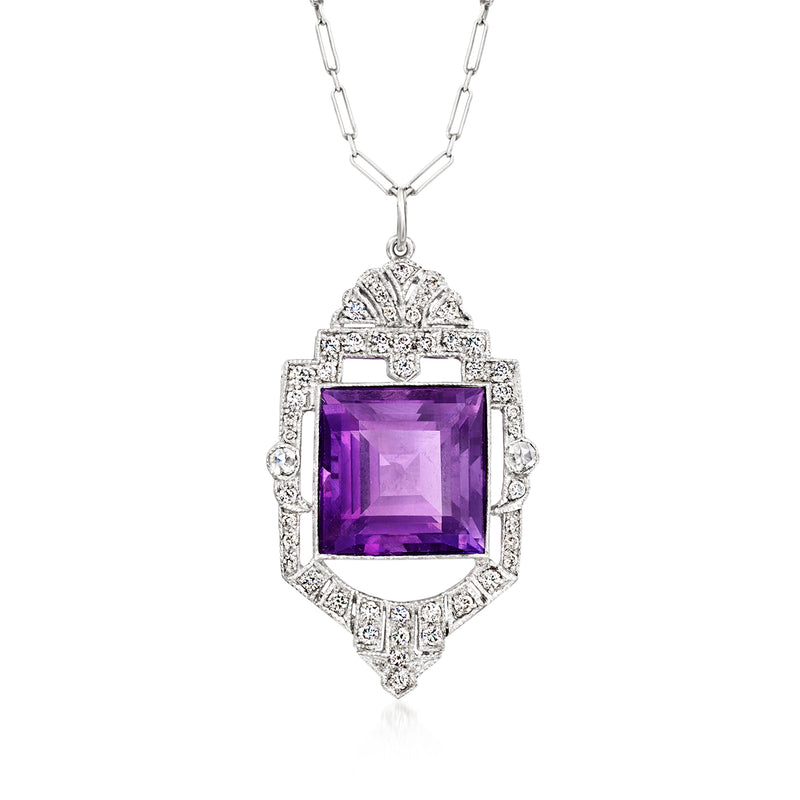 Amethyst pendant necklace with diamond halo, geometric frame, white metal chain