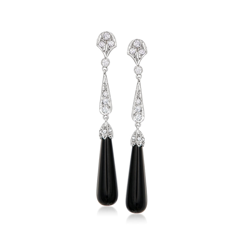 Platinum diamond drop earrings with black onyx teardrop pendants