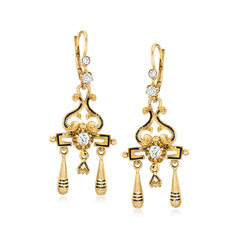 Vintage 18k yellow gold chandelier earrings with diamond accents and black enamel