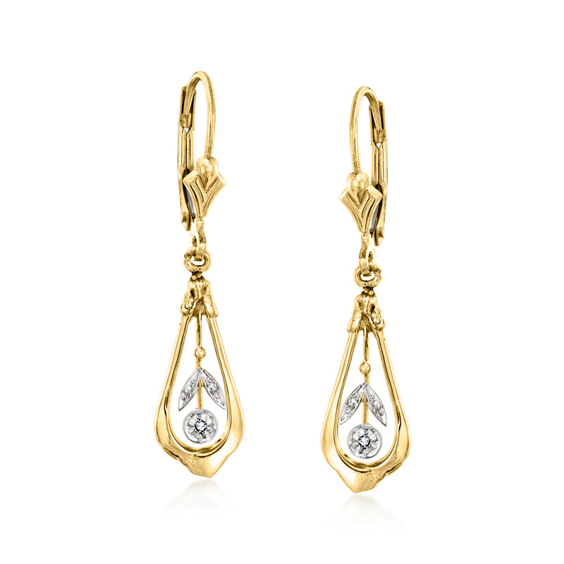 Vintage yellow gold leverback drop earrings with diamond teardrop drops