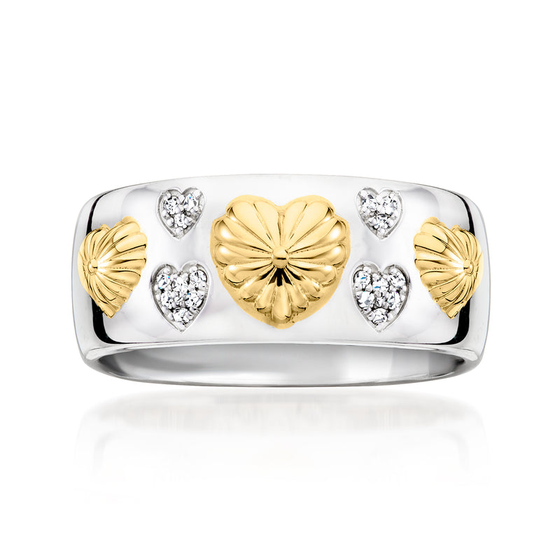 Two-tone heart ring with sterling silver band, gold center, diamond heart accents